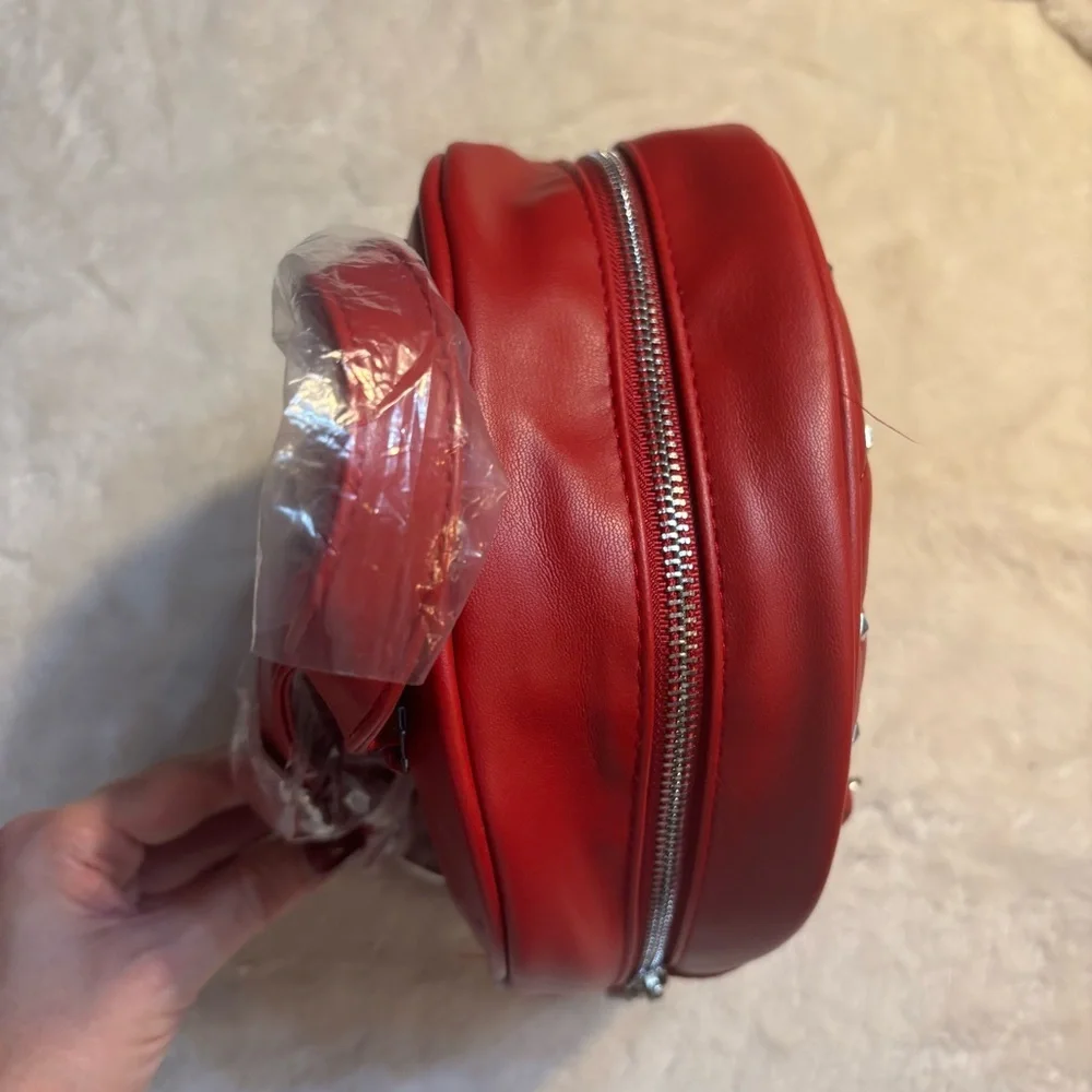 NWT Badgley Mischka Mini Backpack Red Quilted Silver Studded Vegan Leather NEW